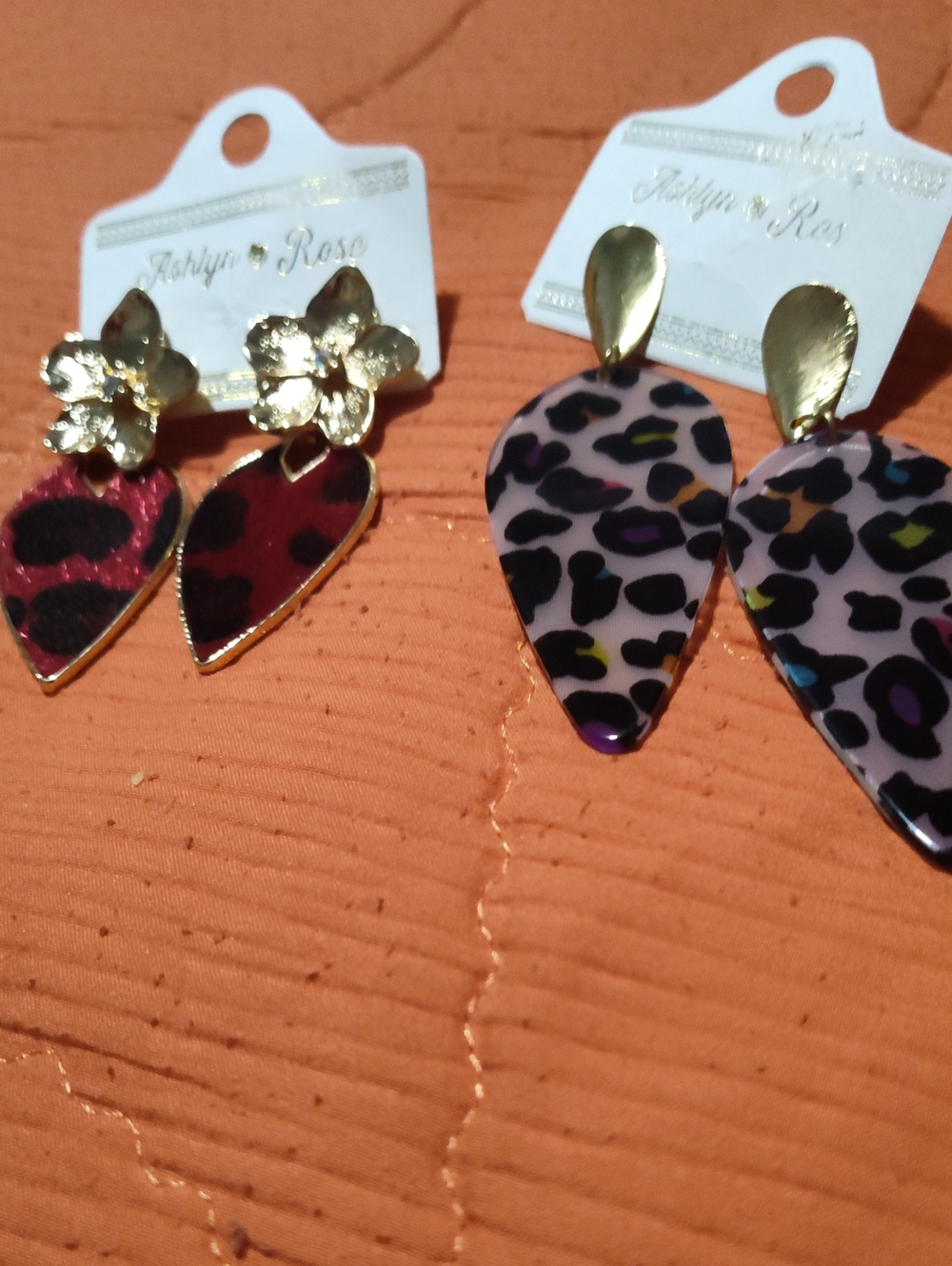 Gold Floral Red Leopard Heart Drop Earrings